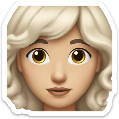 White woman with long black curly hair and bangs and dark brown eyes, wearing a pastel pink dress sticker