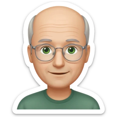 Balding man with receding hair, grey hair only on the sides, green eyes, rectangular reading glasses, rounded clear face, with a smile sticker