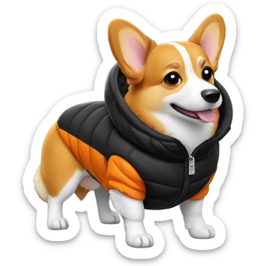 corgi wearing a black puffer jacket with a small orange square with white letters "YC" logo on the left chest sticker