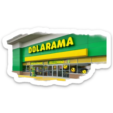 “Exterior of a Dollarama store with the bright green facade, bold yellow Dollarama sign, large front windows, and entrance doors, capturing the look of a budget-friendly retail store.” sticker