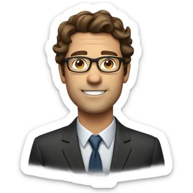business man with wavy brown hair, square glasses, no facial hair, thin lip sticker
