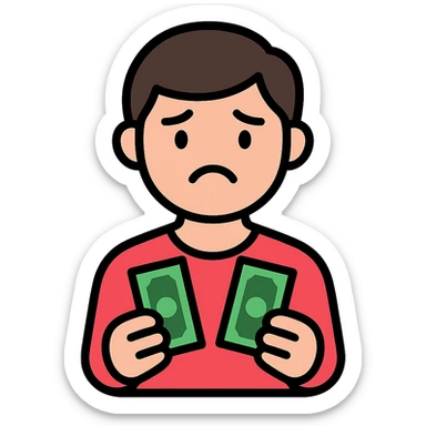 dark brown haired guy with a round face, disappointed expression, holding cash sticker