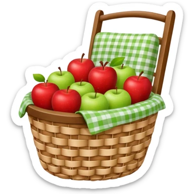 woven basket with apples and white checkered cloth on a white wooden chair sticker