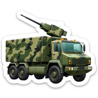 A truck in camouflage green with a realistic electronic warfare system sticker