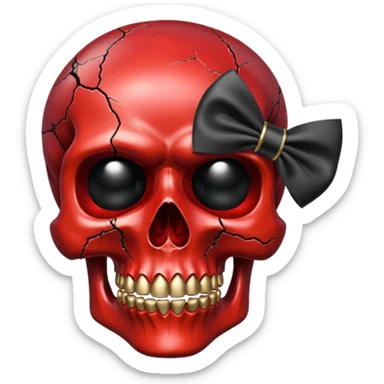 make me a red crystal skull partly see thew super gem like make it realistic and held together by a big black bow super realistic skull cracking all over the eyes are black gems with a hint of gold in the center sticker