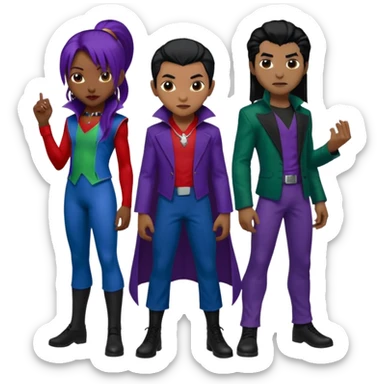 Solo poly platonic relationship, one African girl, one Asian boy, one biracial features Asian tomboy girl rat-tail hair long and upper masculine hair 90s, vampire and marvel cosplay elements inspired  use marvel colours, like instead of obvious human, green purple blue etc,  sticker