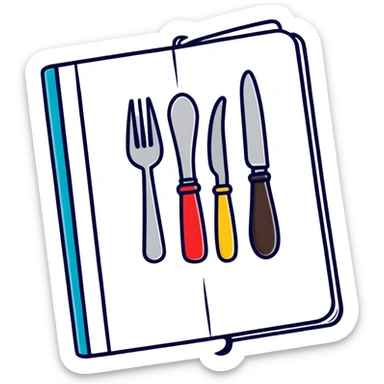 Closed cookbook with a fork and spoon symbol on the cover – collection of recipes sticker