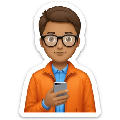 A man with orange jacket wear glasses and iphone sticker