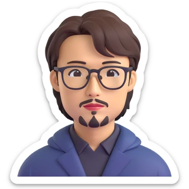 Hideo Kojima as a creative game director with glasses and unique hairstyle, stylized portrait in 3D emoji style sticker