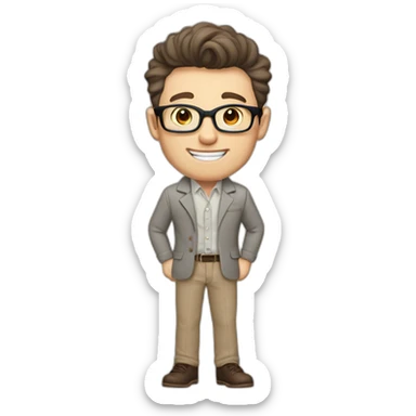 Joyful Pale skinned Fit Man With dark brown hair in gray jacket, beige office shirt, Brown pants and vintage glasses. His thrumbs up sticker