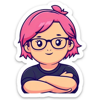 Pink-haired girl with glasses crossing her arms with a slight smirk sticker