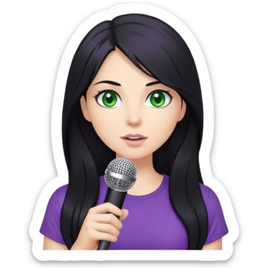 Woman with long black hair and green eyes with a purple top holding a microphone sticker