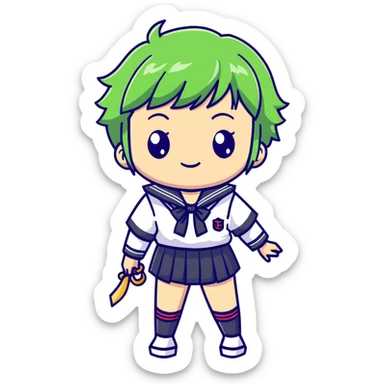 Mischievous anime girl with green short messy hair wearing Japanese sailor style school uniform, smirking and plotting, kawaii style sticker