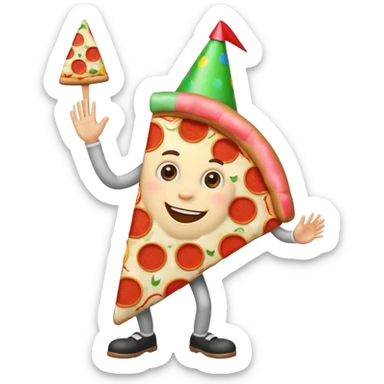 Pizza slice smiling with part hat on and waving while walking sticker