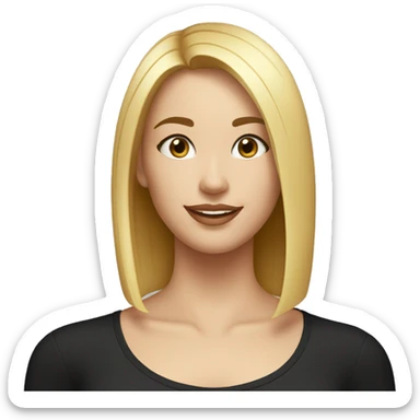Beautiful girl in a black shirt with short straight blonde hair, thin lips, thin eyebrows, smiling.  sticker
