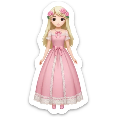 pastel anime woman with pink and white lace dress full body and long hair with roses sticker