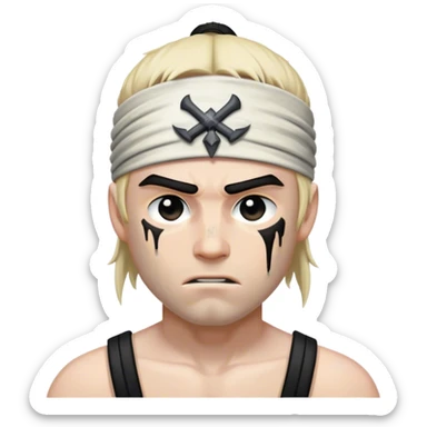A battle-worn warrior with a black headband, sweat and dirt streaked across his pale skin sticker