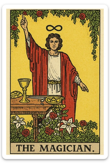 The Magician tarot card in Rider Waite Smith style, featuring a robed figure with one hand pointing to the sky and the other to the earth, surrounded by symbols of the four suits, mystical and classic tarot illustration look, white background sticker