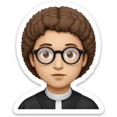 A male nun with brown fluffy hair and black circle glasses sticker