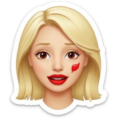 blonde having crying tears from hard laughter. really happy in general, happy eyes. red lipstick sticker