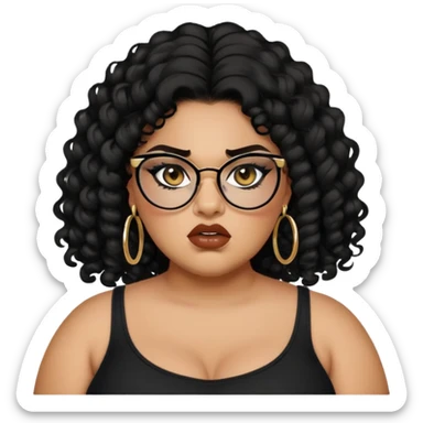 angry, teen big plus size, latina, darker tan skin, natural lipgloss, small gold hoops, long black curly hair, baddie,pretty, makeup, black eyeliner, black top, black glasses sticker