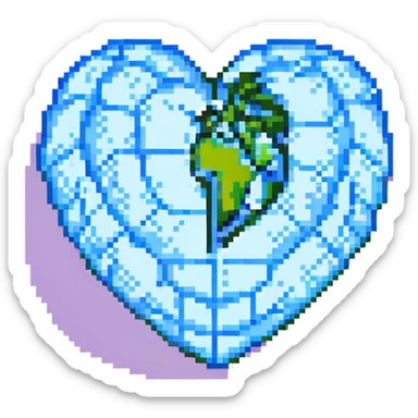 heart and world merged, pixel art style sticker