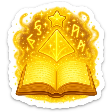 Make the mystic yellow book even more magical with sparkling magical energy, enchanted symbols, glowing effects, and a whimsical magical aura. Style it to resemble an apple emoji style. Keep no background. sticker