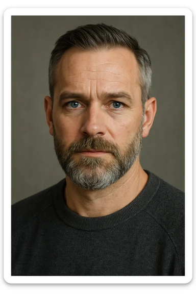 A middle-aged man with a medium slightly gray beard, short hair cut to the scalp on the sides and combed back on top, blue eyes sticker
