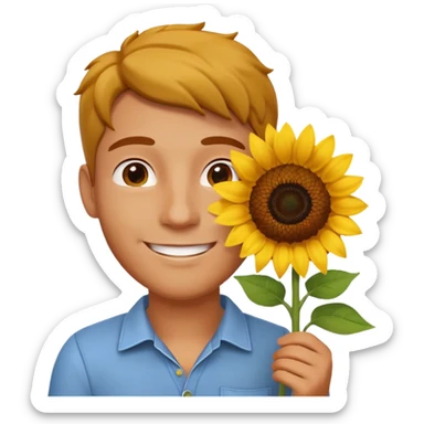 man holding a sunflower portrait, head and shoulders only, gentle smile, sunflower visible in hand, warm positive vibe, 3D cartoon style, mobile game icon style, clean background, no text, no watermark
 sticker