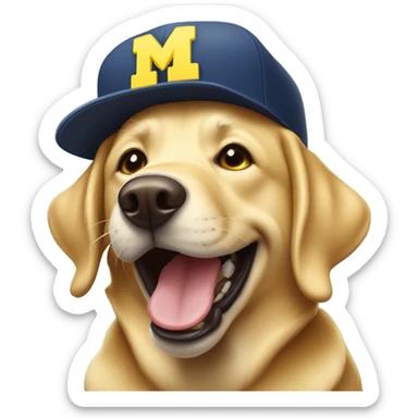 Lab dog smiling with golden teeth and a Michigan hat sticker