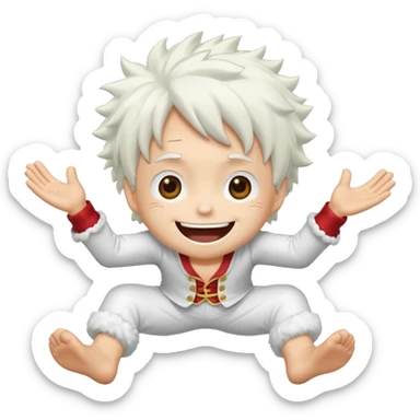 a joyful cartoon-style emoji of Luffy as a laughing character with wild, fluffy white hair, and a glowing white outfit. The character should have a big open smile, one hand on its face in laughter , and be in a dynamic mid-air pose with bent legs, as if carefree and floating. sticker