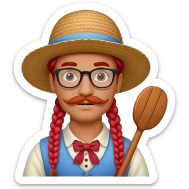 venice gondolier with long red braided hair, iconic hat, normal glassess and red mustache sticker