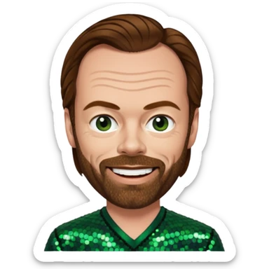 Hugo Weaving with brown hair, dark green sequin outfit sticker