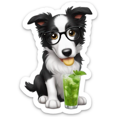 puppy border collie with glasses sniffing mojito sticker