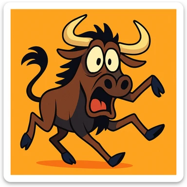 cartoon gnu with a panicked expression, wide eyes, and flailing legs, colorful playful cartoon style sticker