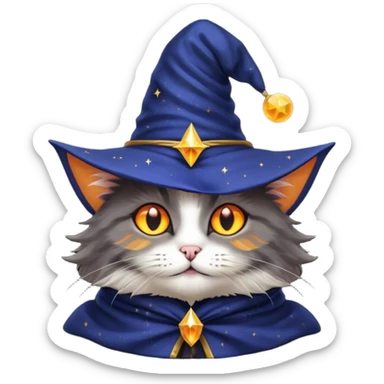 black wizard cat with a pointy starry wizard hat sticker