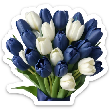 navy blue tulips in a bouquet wrapped with a white bow sticker