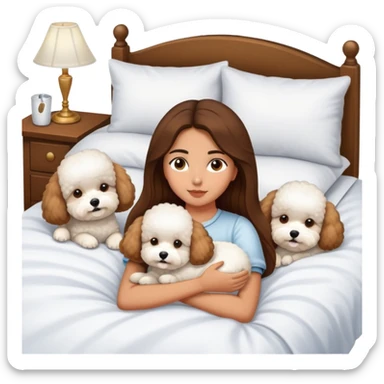 Olive skin girl with long brown hair in bed with three white bichon frise's in bed sticker