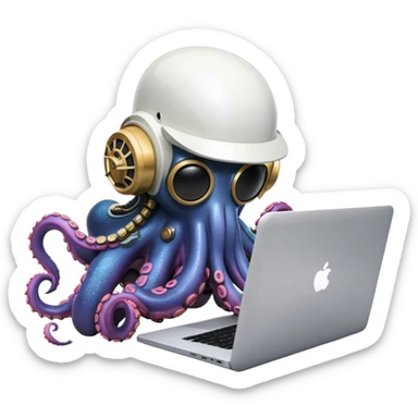 github Octopus wearing a daft punk helmet and writing code on a laptop sticker