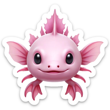 Cinematic Noble Axolotl Portrait Emoji, Poised and regal, with a slender, graceful build and smooth, pale pink skin adorned with feathery external gills, deep-set soulful dark eyes, Simplified yet sharp and sophisticated features, highly detailed, glowing with a soft, ethereal glow, high shine, intelligent and enigmatic, stylized with an air of aquatic elegance, focused and attentive, soft glowing outline, capturing the essence of a watchful and mystical creature, so majestic it feels as though it could glide out of the screen with effortless authority! sticker