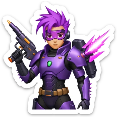 A space bounty hunter with spiky purple hair, black armored suit, and a glowing plasma gun. sticker