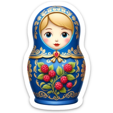 blue khokhloma-painted matryoshka doll with raspberries inside sticker
