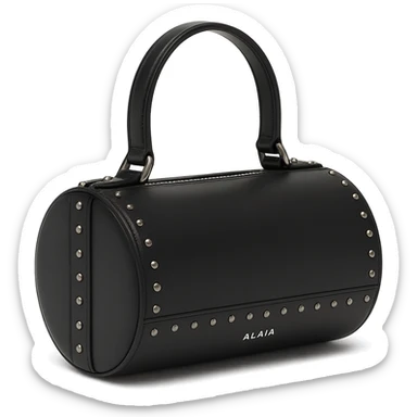 Alaïa Teckel bag, luxury designer handbag, cylindrical shape, signature studded details, elegant leather, minimalist, high fashion, on white background sticker