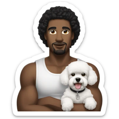 white man black hair,  rapper flexing with a bichon sticker