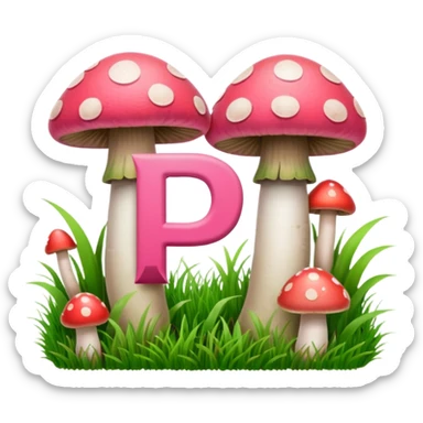 Double letter P, pink and green, with grass growing, mushrooms around sticker