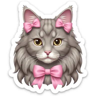 A grey Maine coon NeckWearing a pink Rococo style Bow ribbon sticker