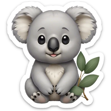 Cinematic Noble Koala Portrait Emoji, Poised and regal, with a stocky, cuddly build and a plush, well-groomed grey fur, large round ears and a distinctive big black nose, deep-set soulful dark eyes, Simplified yet sharp and sophisticated features, highly detailed, glowing with a soft, dignified glow, high shine, intelligent and gentle, stylized with an air of eucalyptus elegance, focused and attentive, soft glowing outline, capturing the essence of a watchful and confident marsupial, so majestic it feels as though it could climb out of the screen with effortless authority! sticker