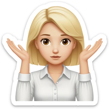 a blonde girl in a white blouse spreads her arms and literally shows the phrase "I don't know" sticker