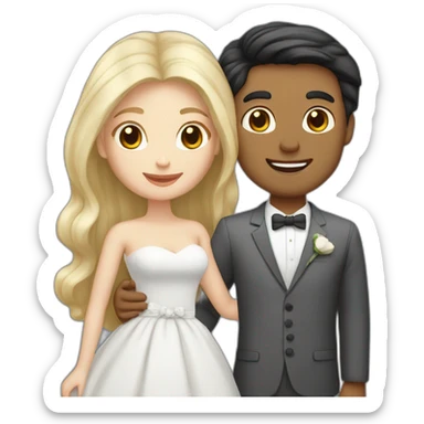blond man, black hair white skin woman, marriage and holding gray cat sticker