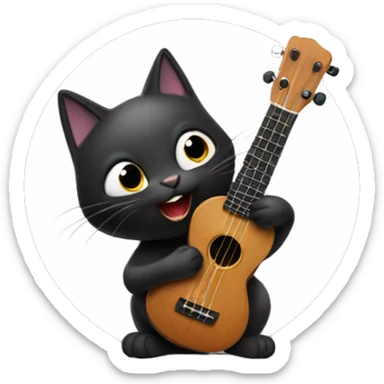 A black cat playing the ukulele white background sticker